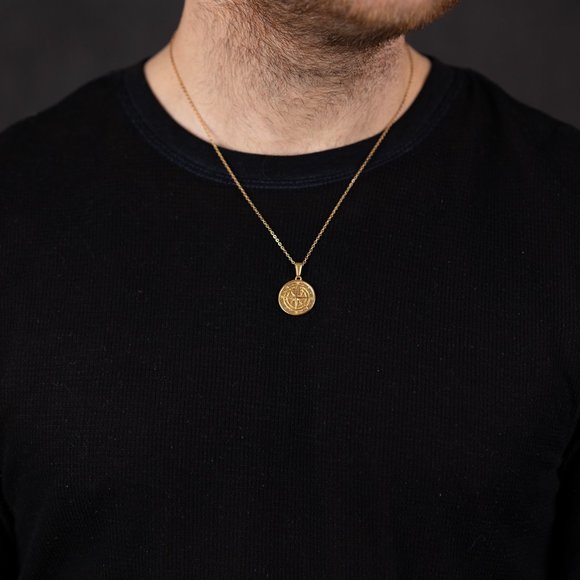 18k Gold Compass North Star Pendant Chain Mens Compass Necklace - Picture 8 of 16